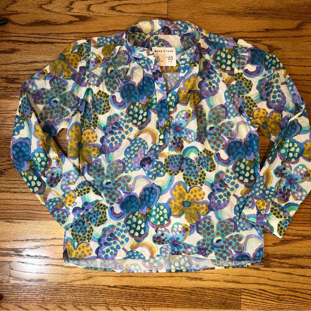 Wear Cissa L.A. Puff Sleeve Blouse L Abstract Floral Painterly Print USA Made